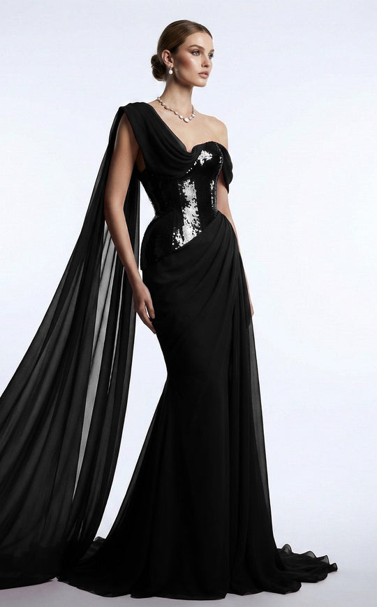 MNM COUTURE F03017 - Draped Cape Sparkle Sheath Evening Gown