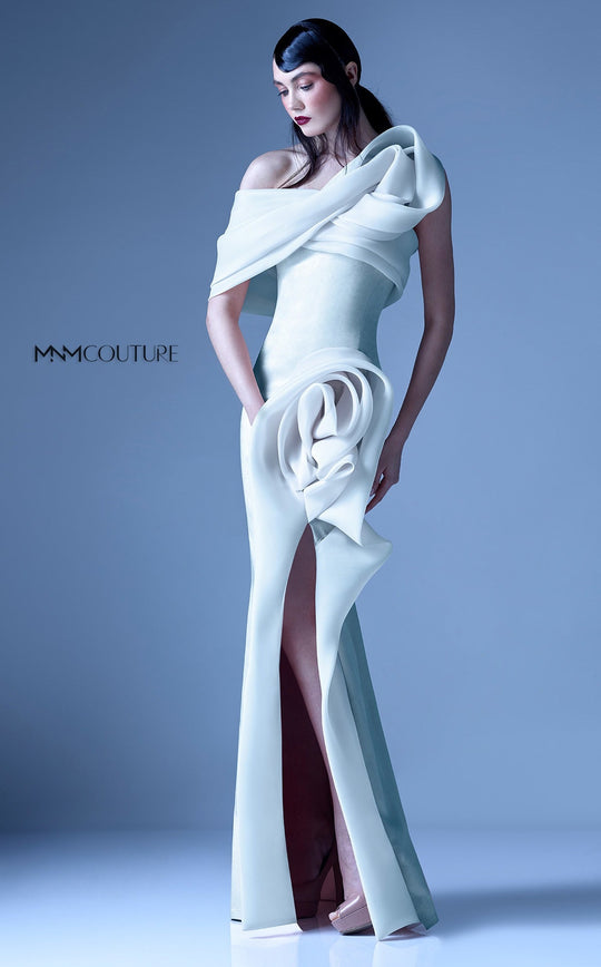 MNM Couture - G0935 One Shoulder 3D Floral Accent Fitted Gown w Slit