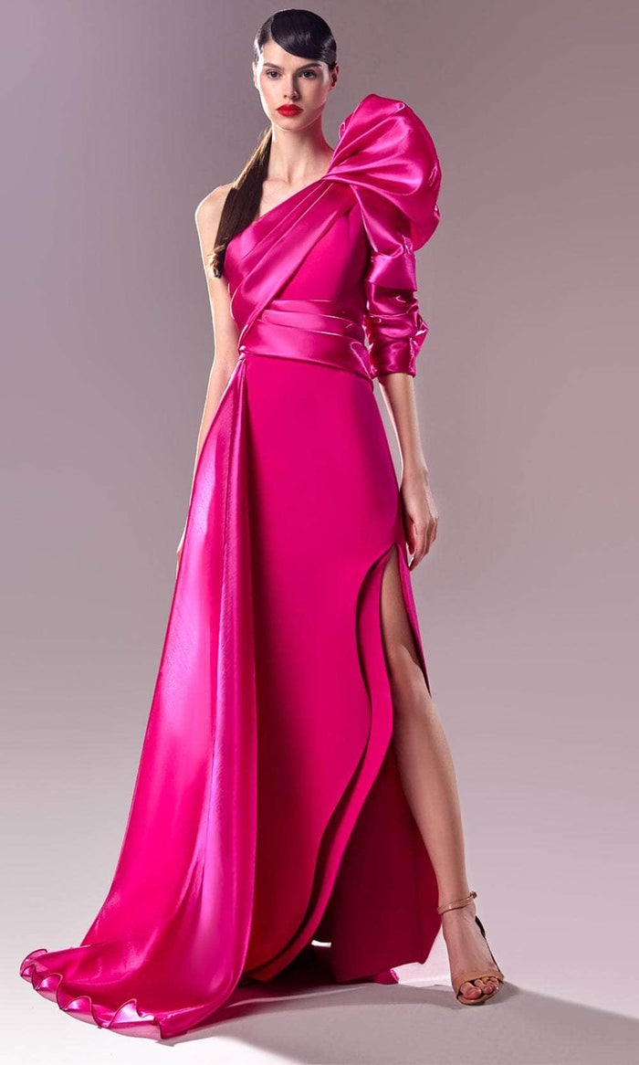 MNM Couture G1601 - One-Shoulder Puff Sleeve Gown Prom Dresses 0 / Fuchsia