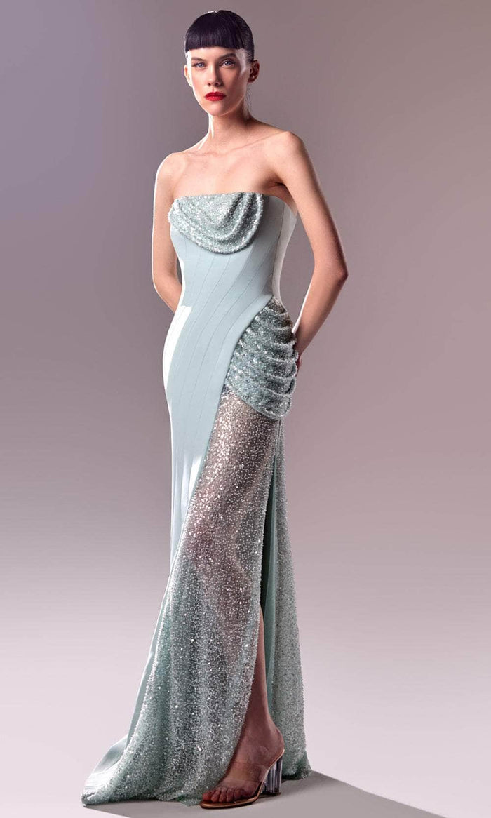 MNM Couture G1613 - Strapless Beaded Mesh Embellished Gown Prom Dresses 0 / Blue