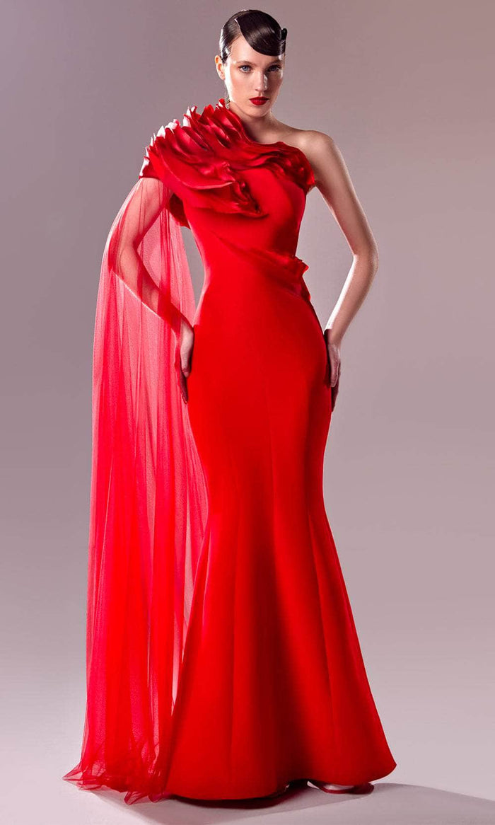 MNM Couture G1628 - 3D Ruffles One Shoulder Gown Prom Dresses 0 / Red