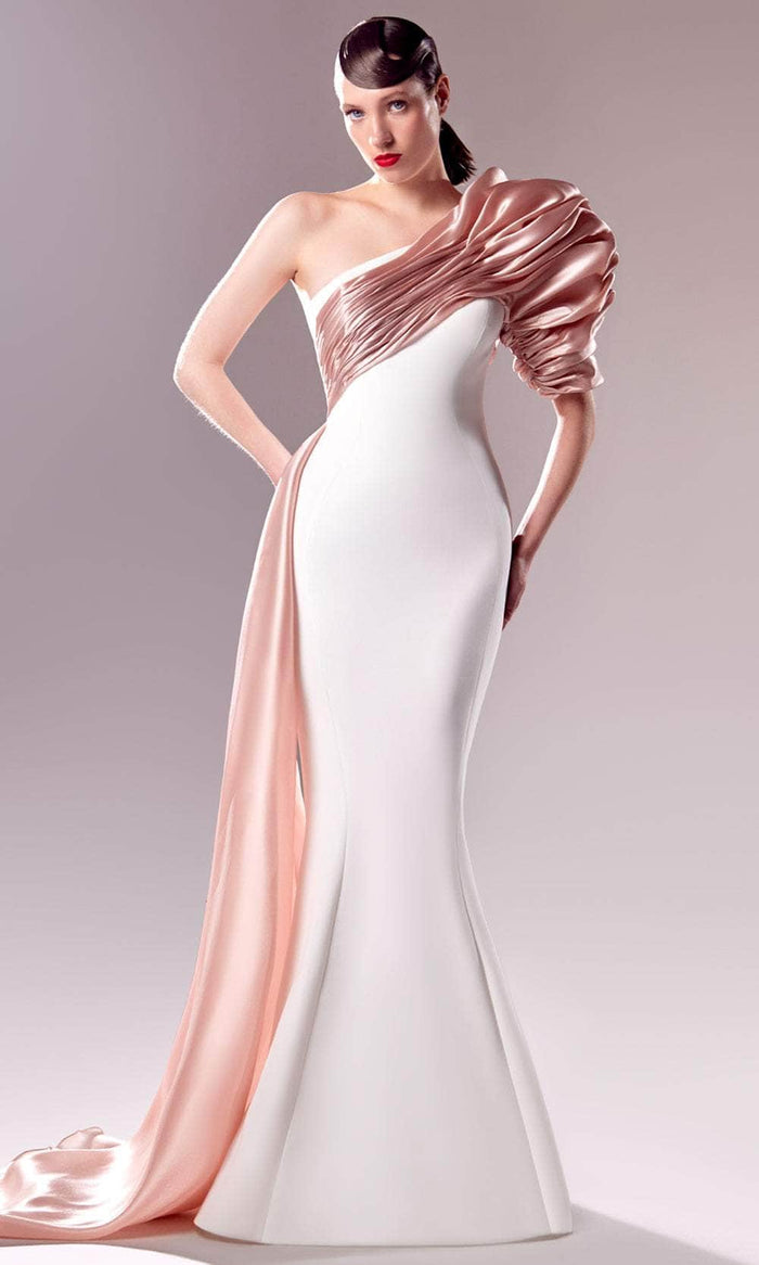 MNM Couture G1633 - Puffed One-Shoulder Sleeve Crepe Gown Prom Dresses 0 / Off White/Old Rose