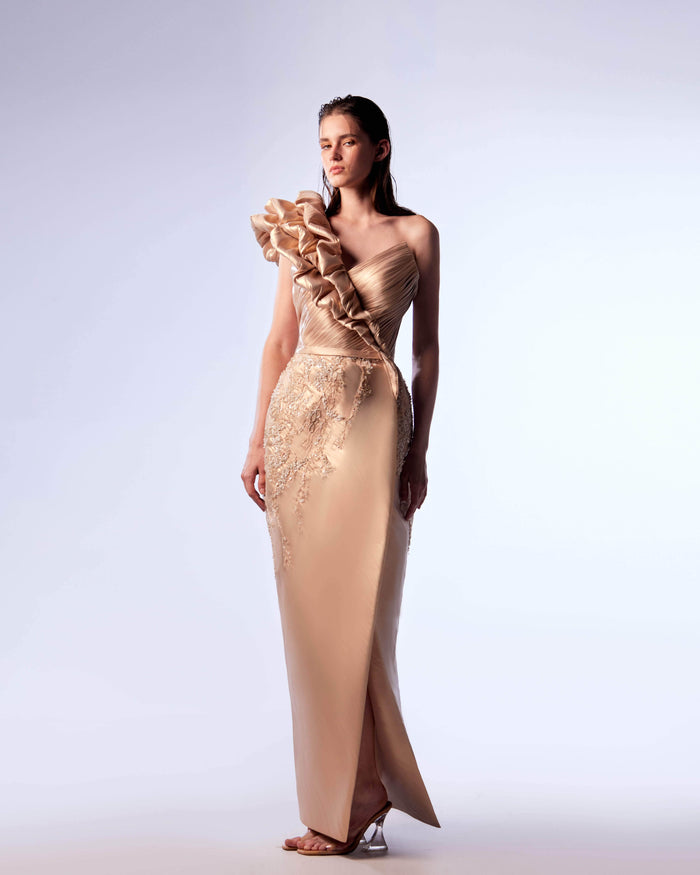 MNM Couture G1733 - Ruffled One Shoulder Evening Gown Evening Dresses 4 / Beige