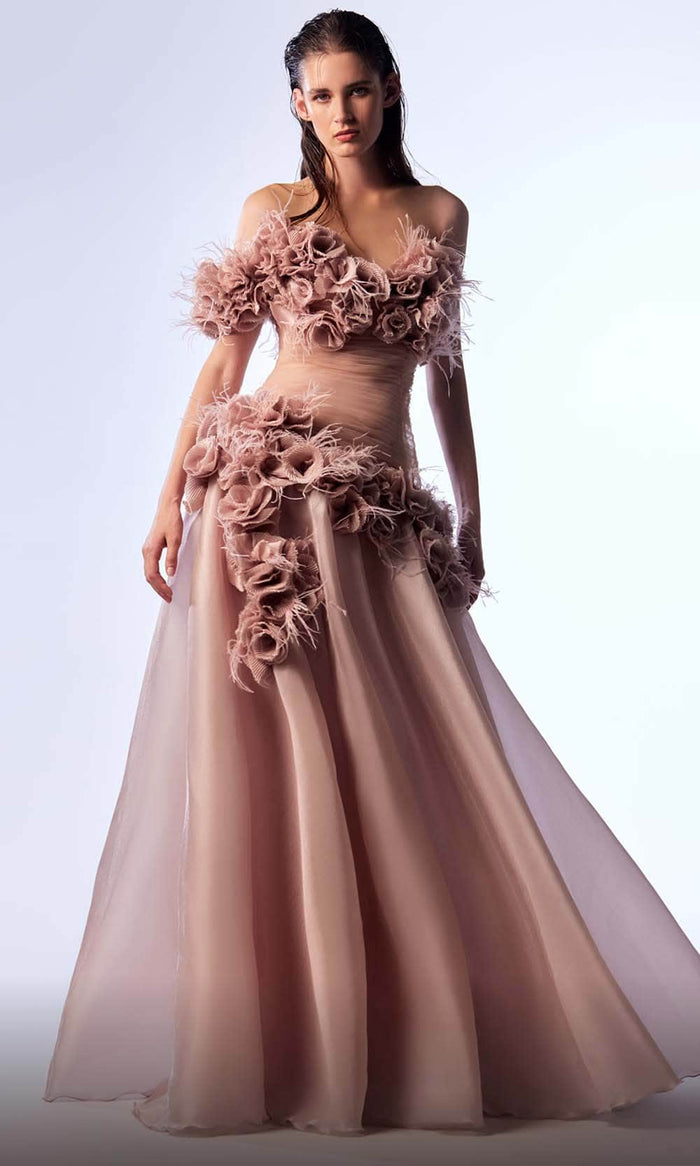 MNM Couture G1737 - Floral Detailed Evening Dress Evening Dresses 0 / Beige
