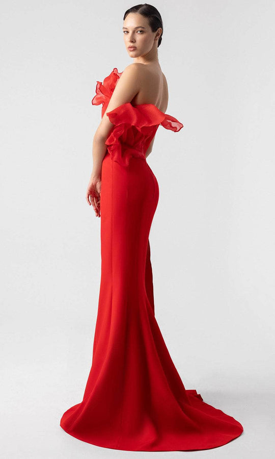 MNM Couture G1917 - Ruffled V-Neck Gown with Side Drape