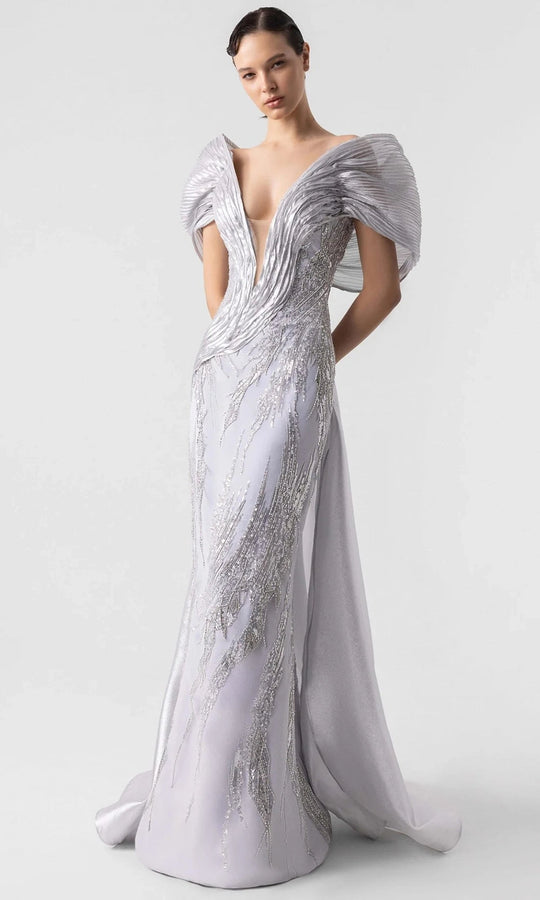 MNM Couture G1939 - Plunging V-Neck Gown with Structured Sleeves