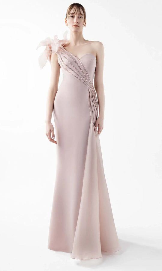 MNM Couture G2026 - One Shoulder Floral Accent Evening Gown