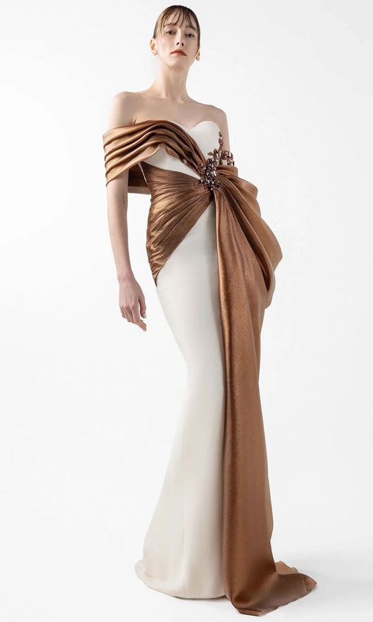 MNM Couture G2030 - Off Shoulder Sheath Gown with Organza Draping