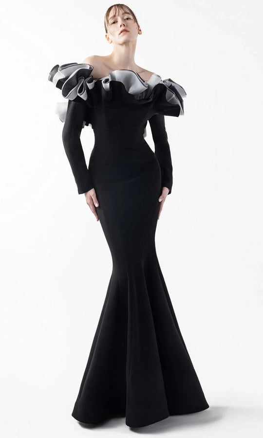 MNM Couture G2036 - Off Shoulder Contrast Ruffle Gown