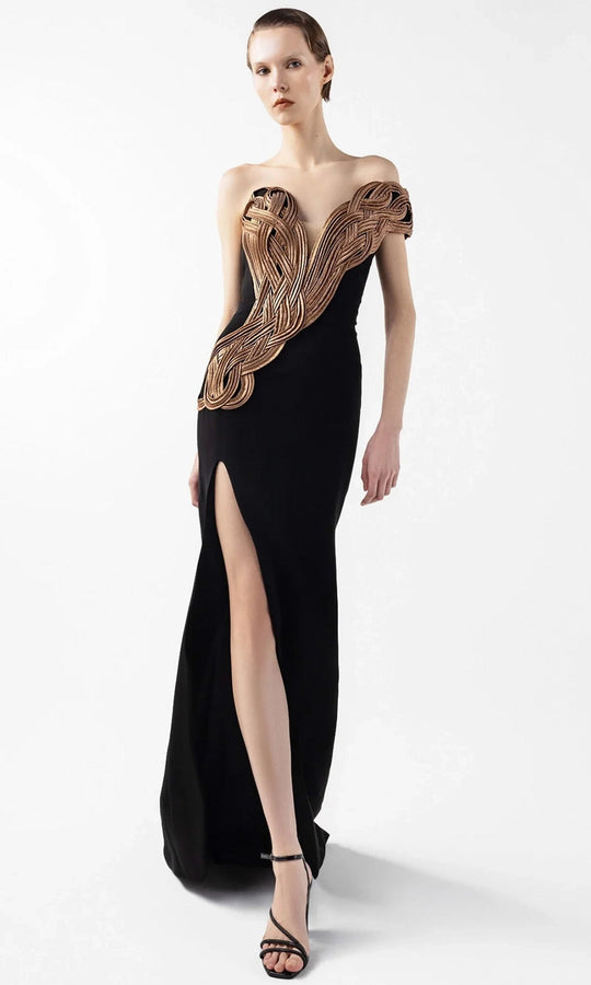 MNM Couture G2043 - Plunging V-Neck Organza Embroidered Gown