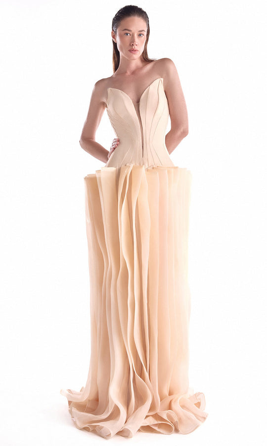 MNM COUTURE G2100 - Strapless Sculptural Pleated Long Dress