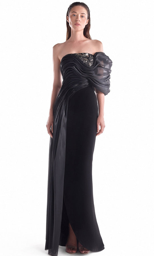 MNM COUTURE G2111 - Beaded Bust Draped Column Dress