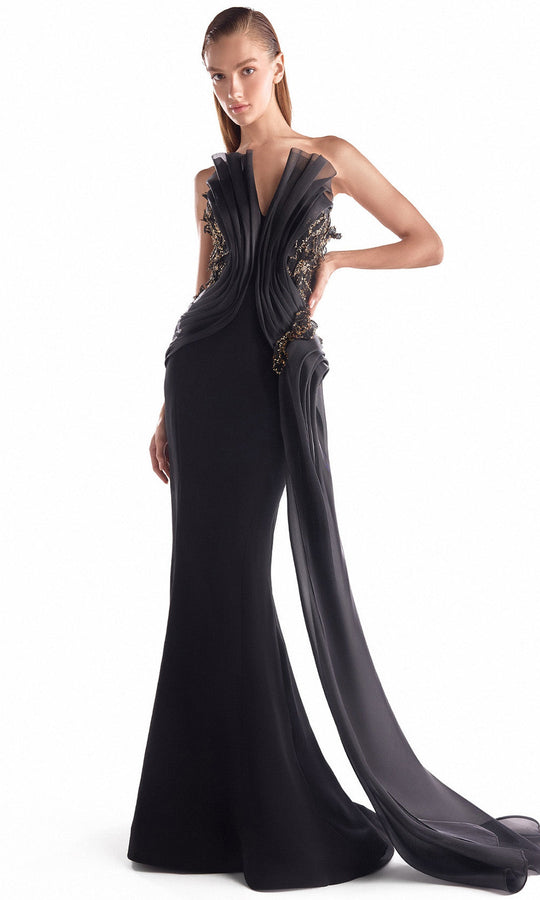 MNM COUTURE G2113 - Pleated Sculptural Bodice Strapless Long Gown