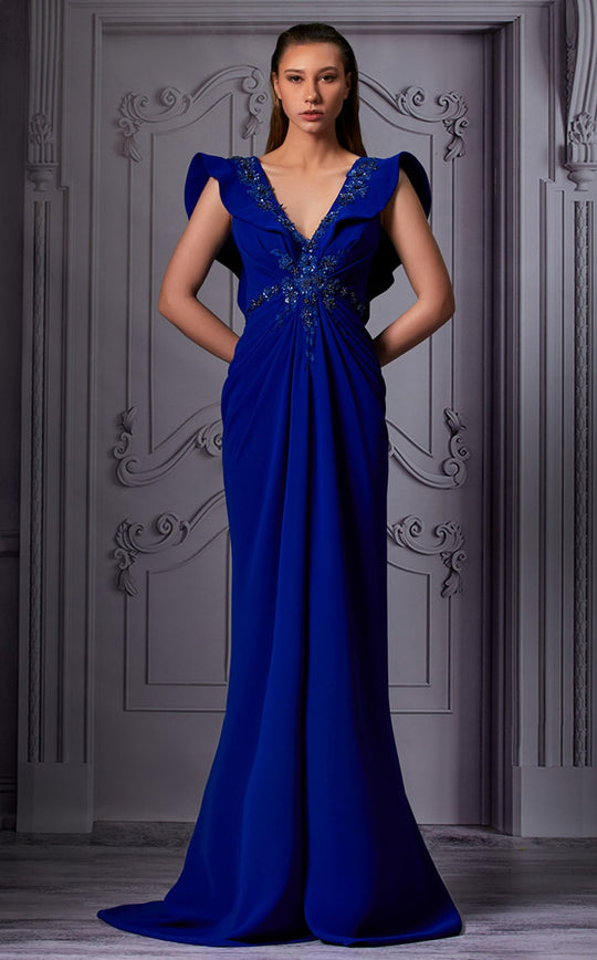 MNM COUTURE K3844 - Beaded Applique Winged Cap Sleeve Evening Gown