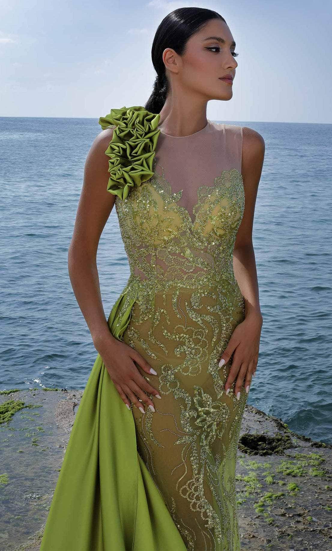 Dreamy strapless long beaded see through tight corset shimmering and dazzling, slim lace up with diagonal pleats and side slits Prom Dresses main image 1