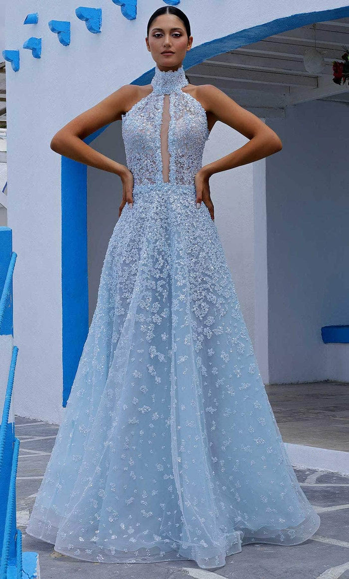MNM COUTURE K3997 - High-Neck Beaded Prom Gown Prom Dresses 0 / Light Blue