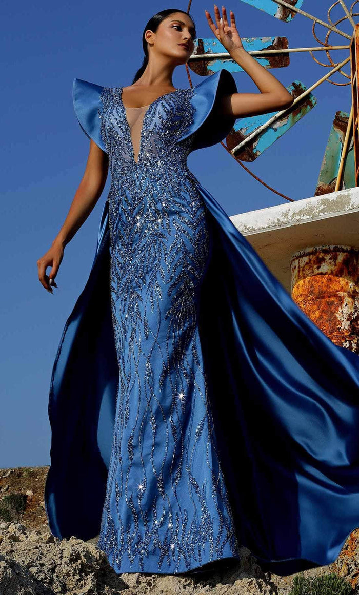 MNM COUTURE K3999 - Deep V-Neck Prom Gown Prom Dresses 0 / Blue