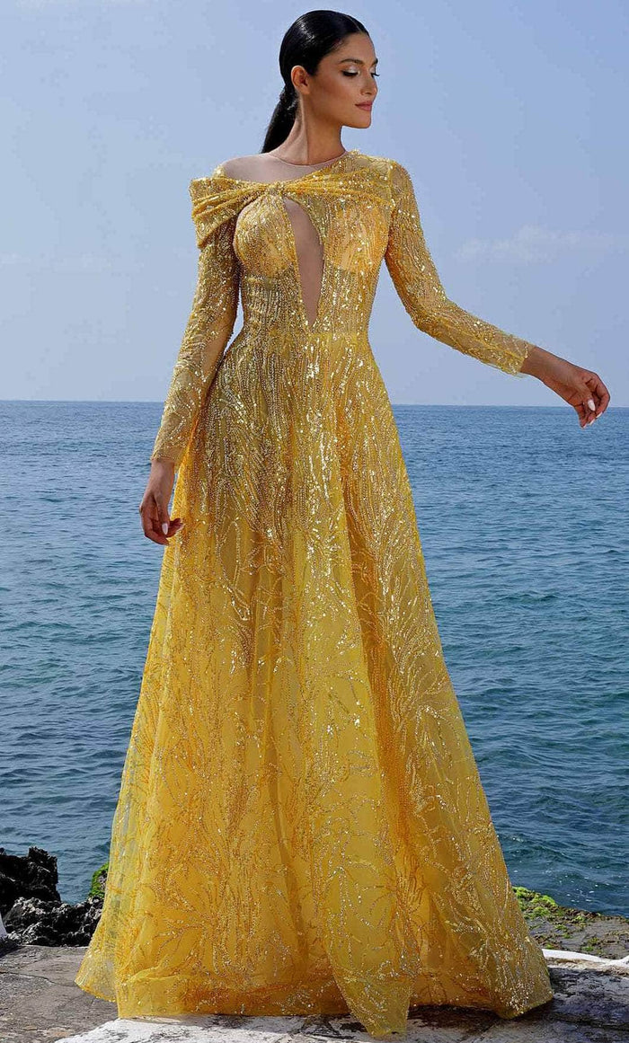 MNM Couture K4004 - Long Sleeve Sequined A-line Gown Evening Dresses 0 / Mustard