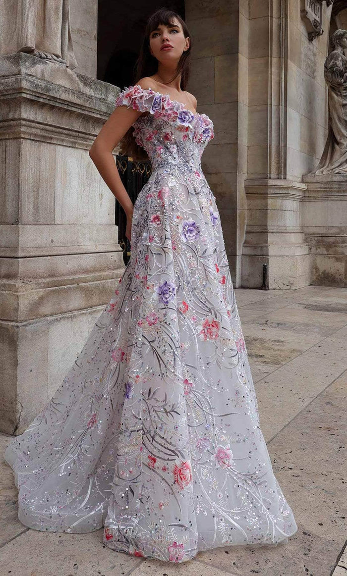 MNM Couture K4013 - Floral Appliqued Prom Gown Evening Dresses 0 / White