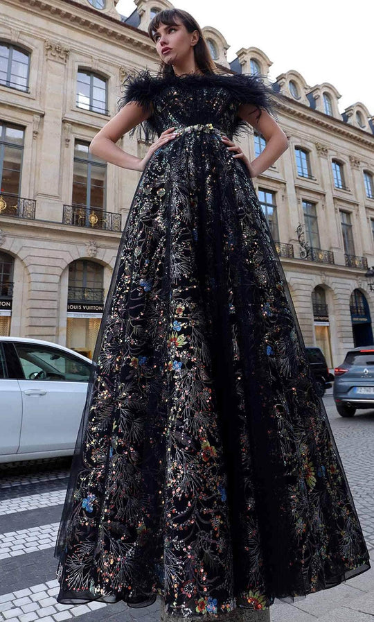 MNM Couture K4021 - Feathered Off Shoulder A-line Dress