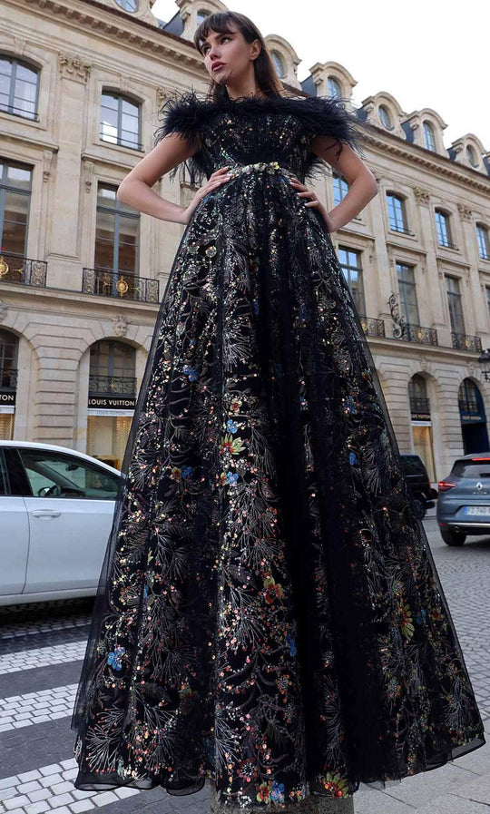 MNM Couture K4021 - Feathered Off Shoulder A-line Dress