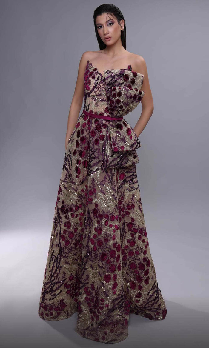 MNM Couture K4078 - Beaded A-Line Evening Dress Evening Dresses 0 / Beige/Fuchsia
