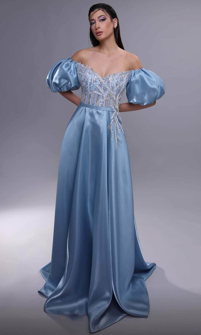 MNM Couture K4079 - Puff Sleeve Corset Evening Dress Evening Dresses 0 / Blue