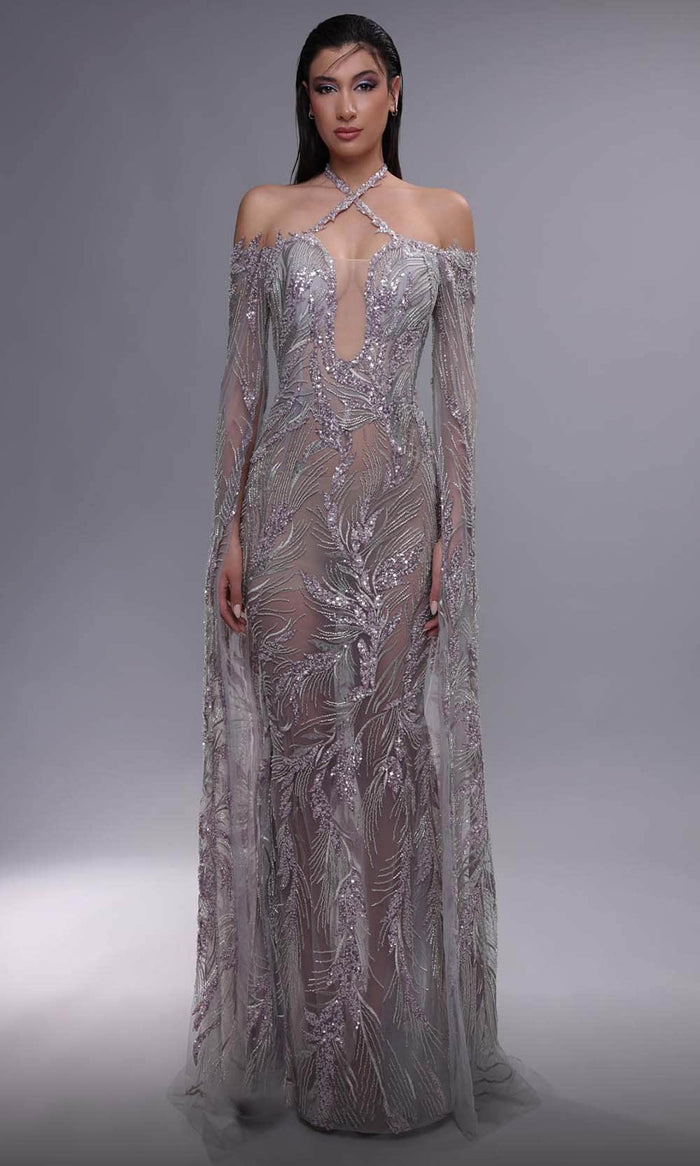 MNM Couture K4090 - Beaded Illusion Evening Dress Evening Dresses 0 / Grey