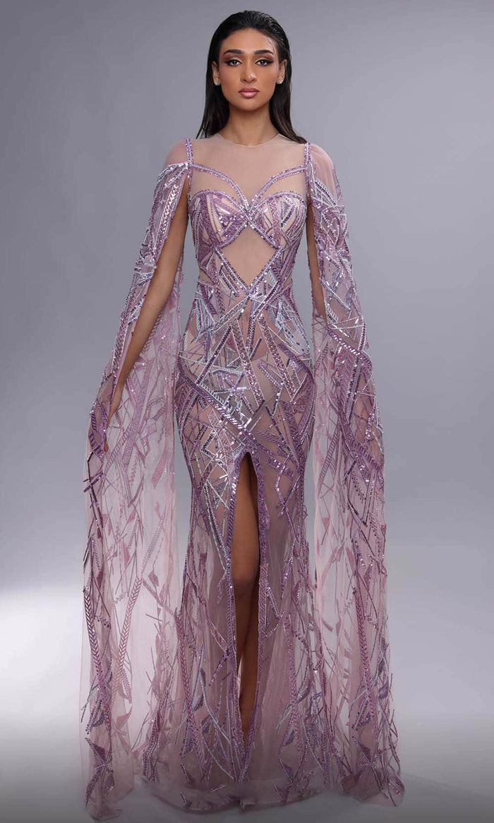 MNM Couture K4091 - Cape Sleeve Beaded Evening Dress Evening Dresses 0 / Purple