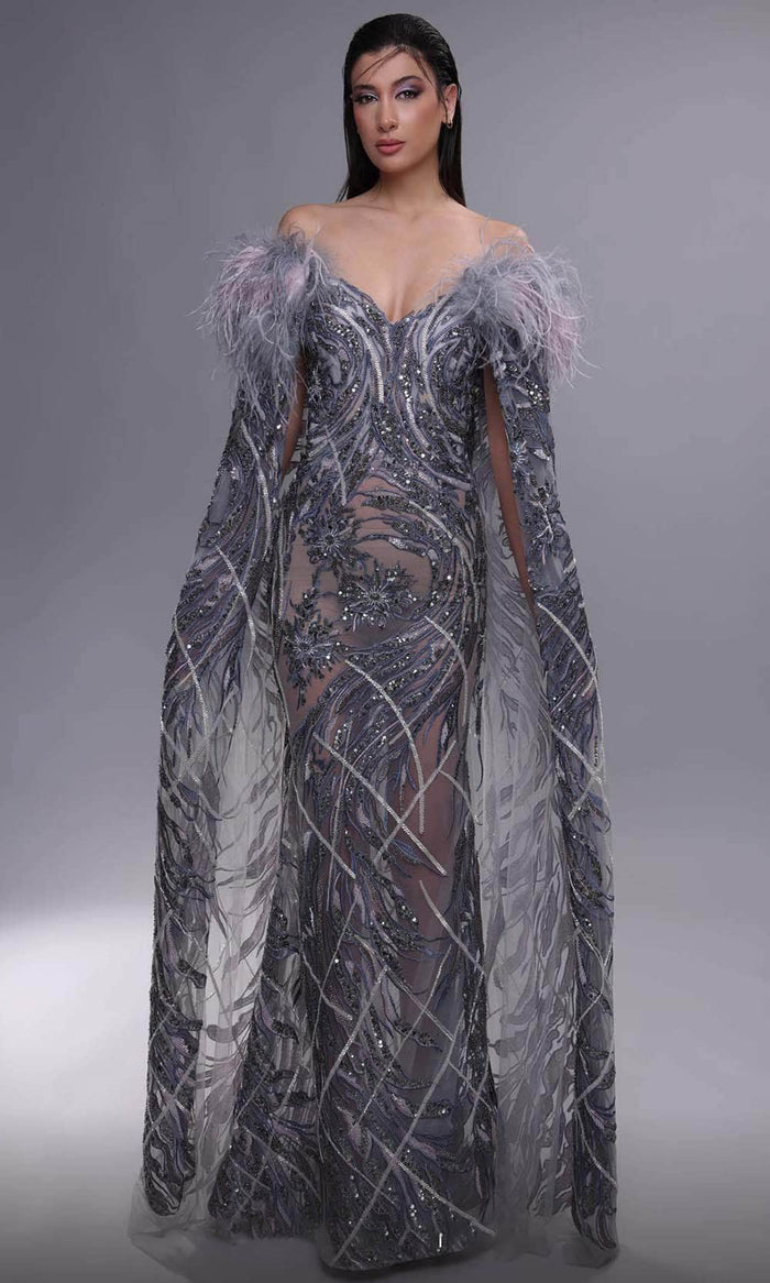 MNM Couture K4097 - Feathered Cap Sleeve Evening Dress Evening Dresses 0 / Grey