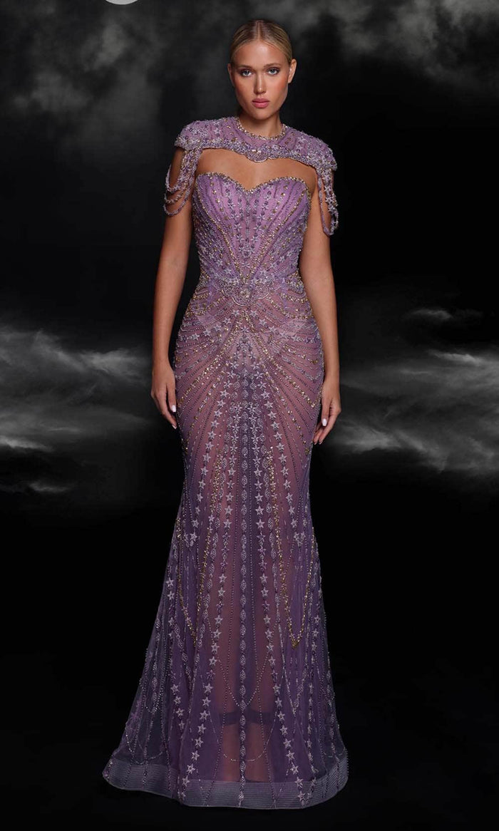 MNM COUTURE K4098 - High Neck See-Through Evening Gown Special Occasion Dress 0 / Purple