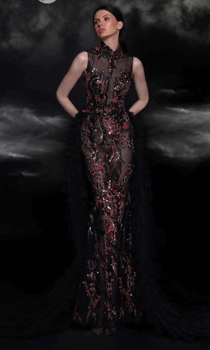 MNM COUTURE K4099 - Sleeveless Beaded Illusion Evening Gown Special Occasion Dress 0 / Black