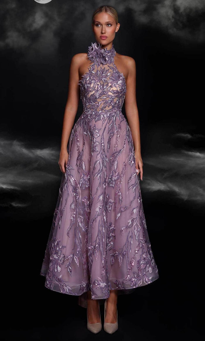 MNM COUTURE K4104 - Lace Appliqued A-Line Prom Gown Special Occasion Dress 0 / Purple