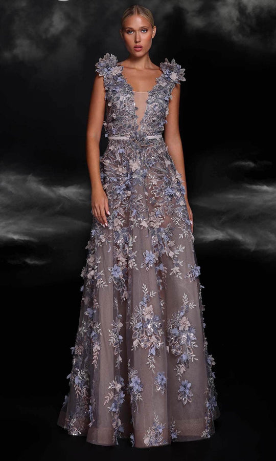 MNM Couture K4106 - Floral Appliqued Plunging Evening Gown