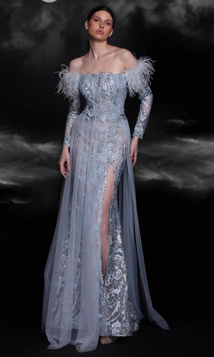 MNM COUTURE K4111 - Feathered Long Sleeve Evening Gown Special Occasion Dress 0 / Blue