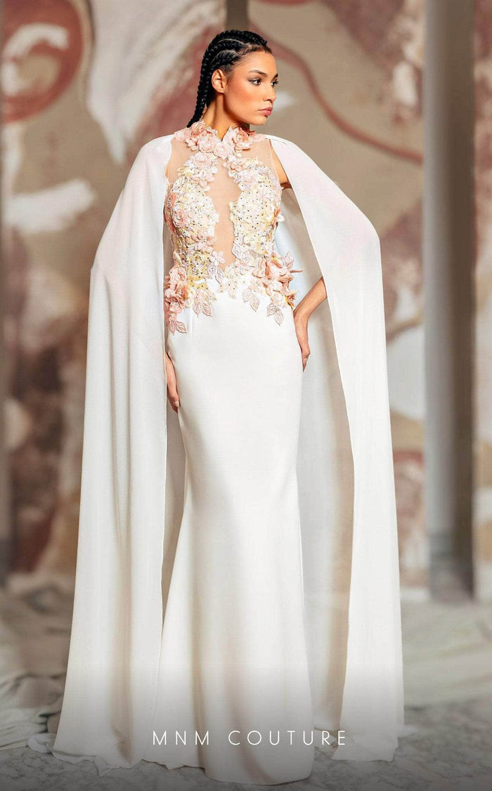 MNM Couture K4145 - Floral Applique Evening Gown Evening Dresses 0 / White