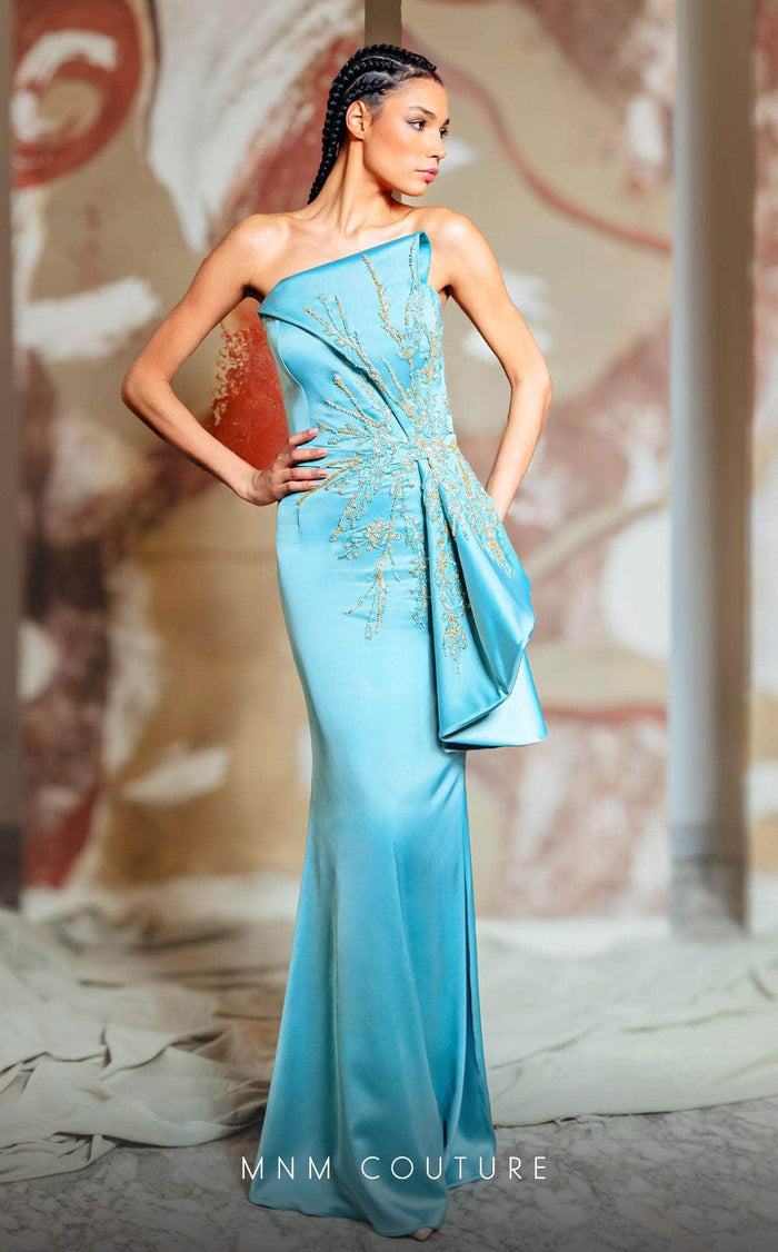 MNM Couture K4172 - Strapless Asymmetric Neck Evening Gown Evening Dresses 0 / Aqua