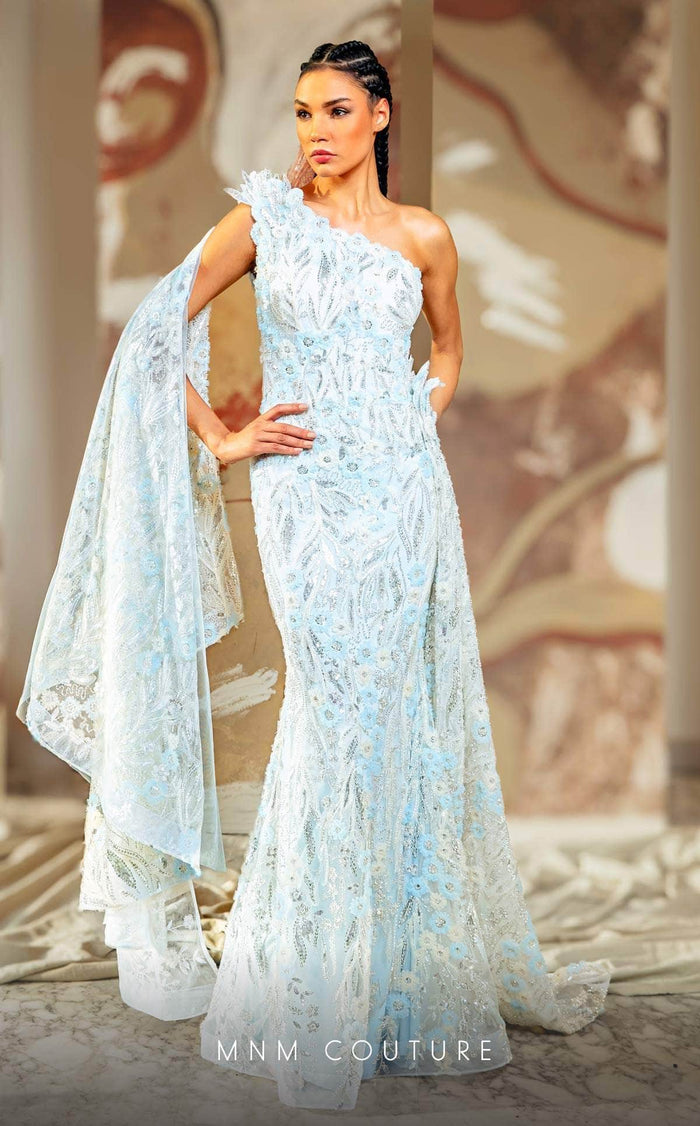 MNM Couture K4173 - One Shoulder Floral Appliqued Evening Gown Evening Dresses 0 / Light Blue