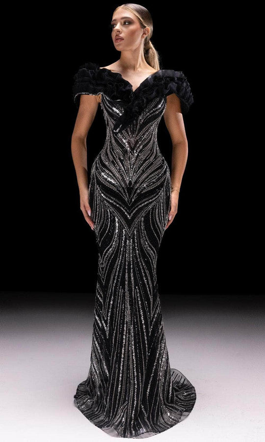 MNM Couture K4218 - Ruffled Neckline Beaded Evening Gown