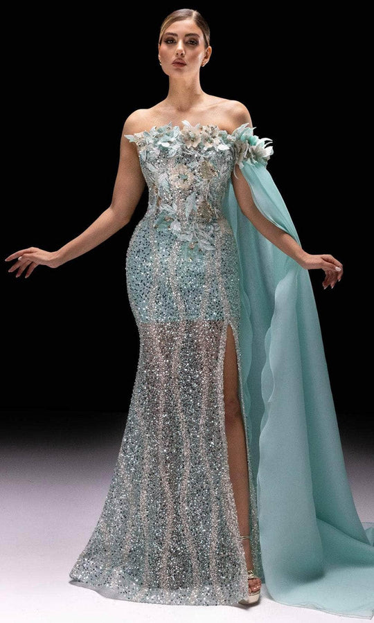 MNM Couture K4221 - Floral Off Shoulder Gown with Cape
