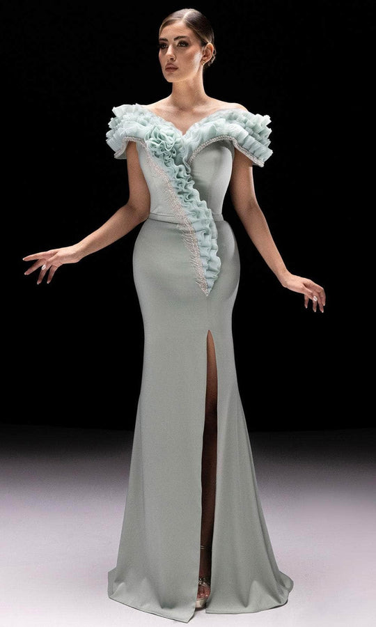 MNM Couture K4228 - Ruffled Off Shoulder Slit Gown
