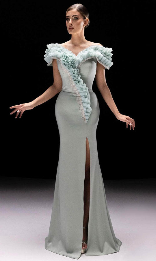 MNM Couture K4228 - Ruffled Off Shoulder Slit Gown