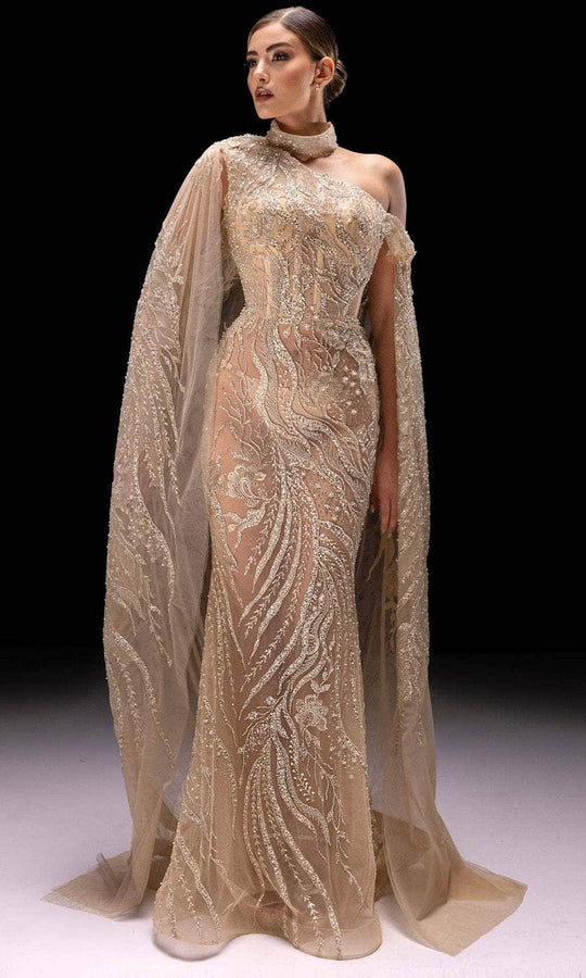 MNM Couture K4241 - Asymmetric Neck Beaded Gown with Cape