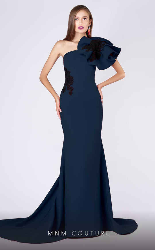 MNM Couture - M0042 Embroidered Asymmetric Mermaid Dress With Train