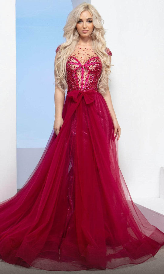 MNM Couture M0083 - Illusion Neck Tulle Overskirt Evening Gown