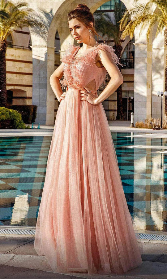 MNM Couture M1098 V-Neck Feather Accent Dress