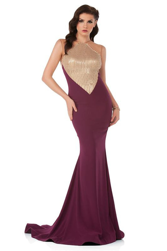 MNM Couture - N0014 Sleeveless Illusion Metallic Trumpet Gown