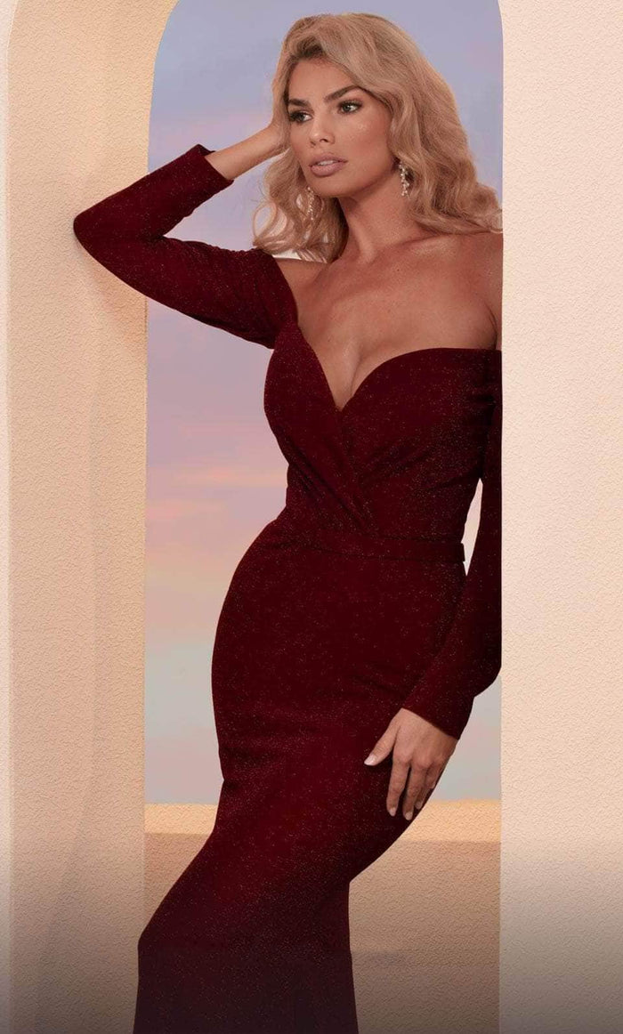 MNM COUTURE N0230A - Adorned Off Shoulder Evening Gown 4 / Burgundy