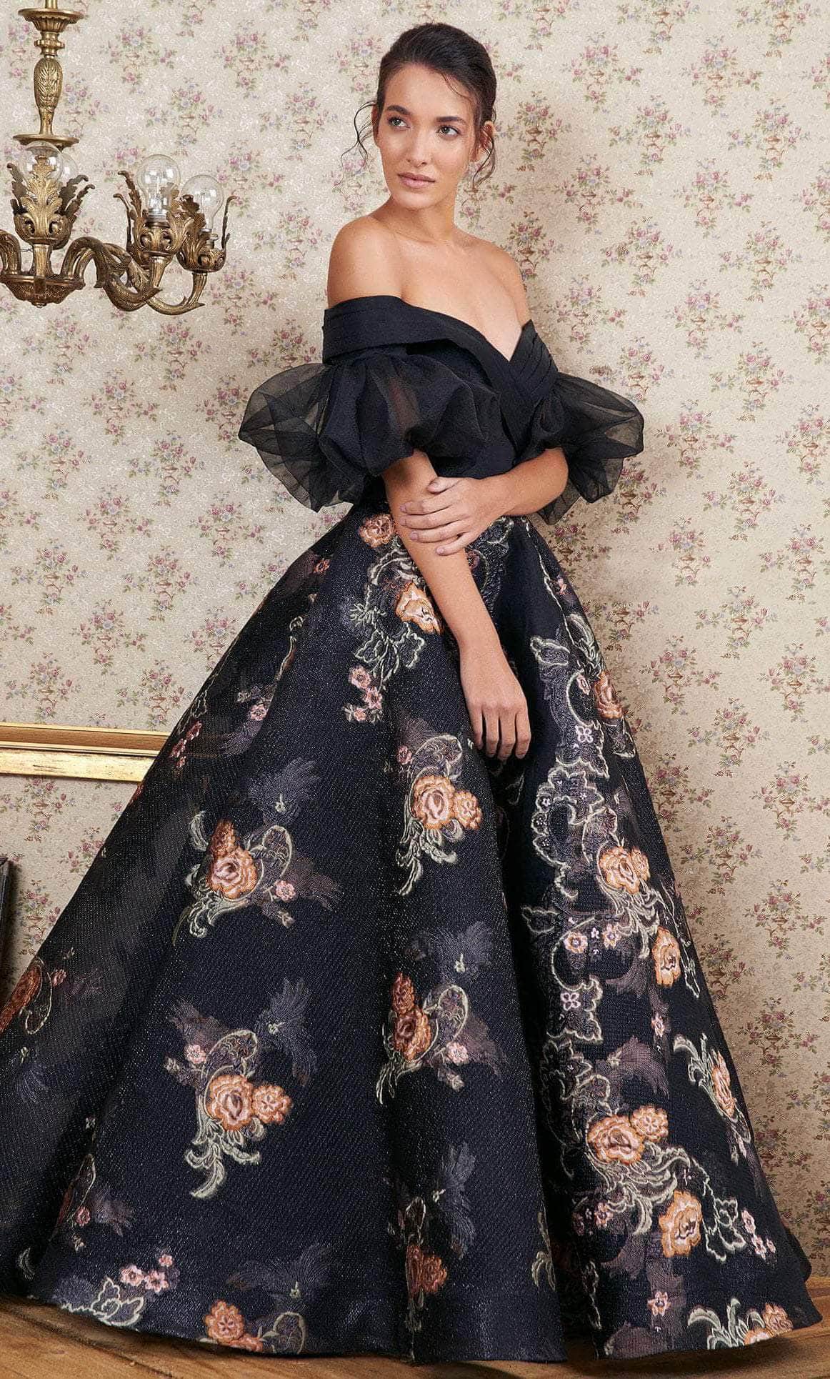 Shop Now MNM Couture N0354 Elegant Floral Embroidered Gown Black / 6/38