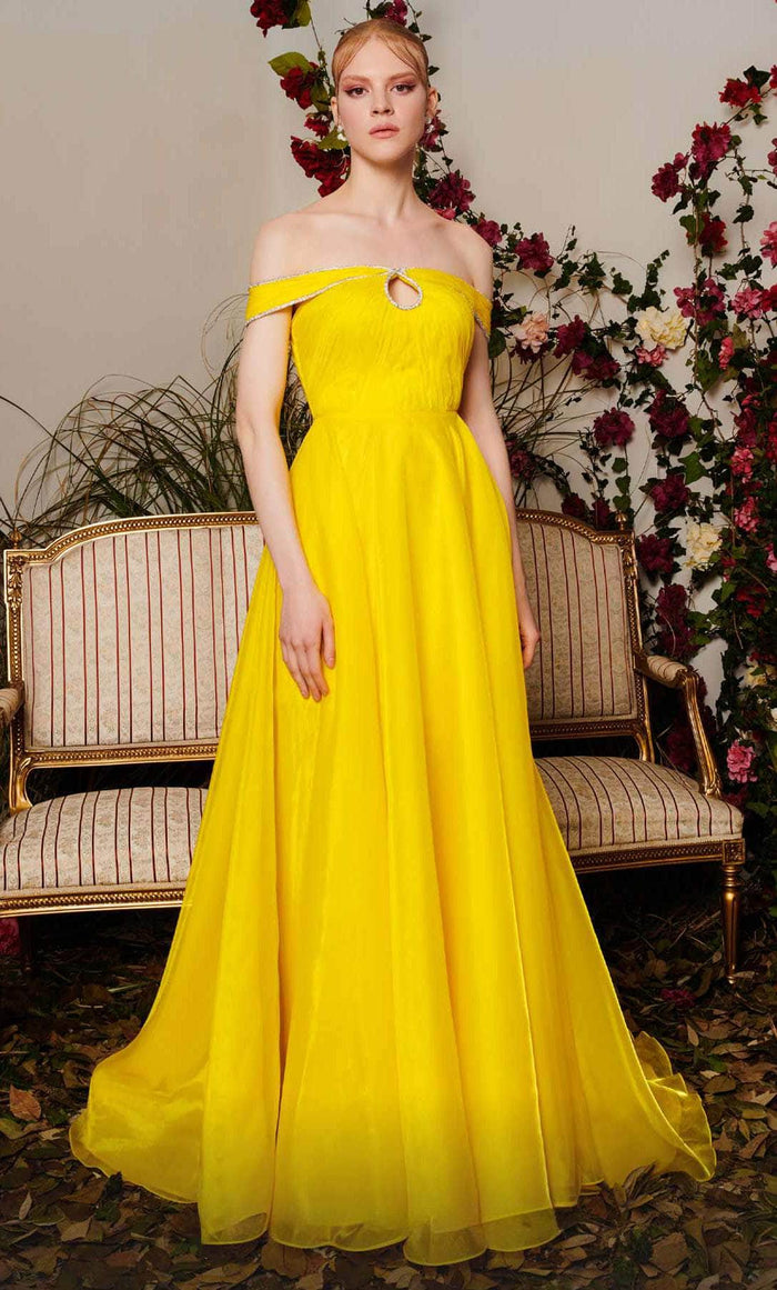 MNM COUTURE N0484 - Off Shoulder Front Keyhole Evening Gown Prom Dresses 4 / Yellow